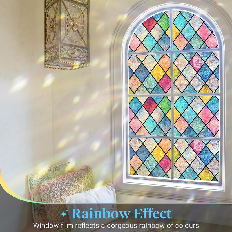 Haton Stained Glass Window Film, Rainbow Window Privacy Film, Decorative Sun Blocking Glass Clings Stickers, Static Cling Colorful Lattice Coverings Decals for Home Door 23.6" x 118.1" - Image 2